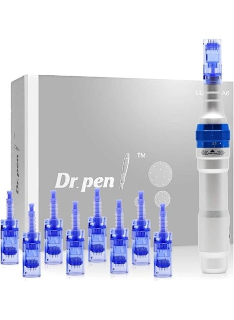 جهاز دكتور بن (Dr. Pen Ultima A6) الأصلي – طقم الميكرونيدلينج الكهربائي اللاسلكي مع 8 رؤوس استبدال (4 رؤوس 12 سن و4 رؤوس 36 سن) – لترميم البشرة وعلاج الندبات والنضارة